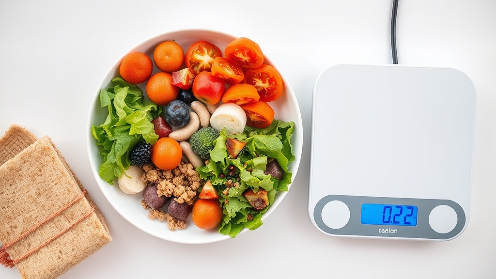 균형 잡힌 식단과 저울이 놓여 있어 에너지 섭취와 소비의 균형을 시각적으로 보여주는 장면
