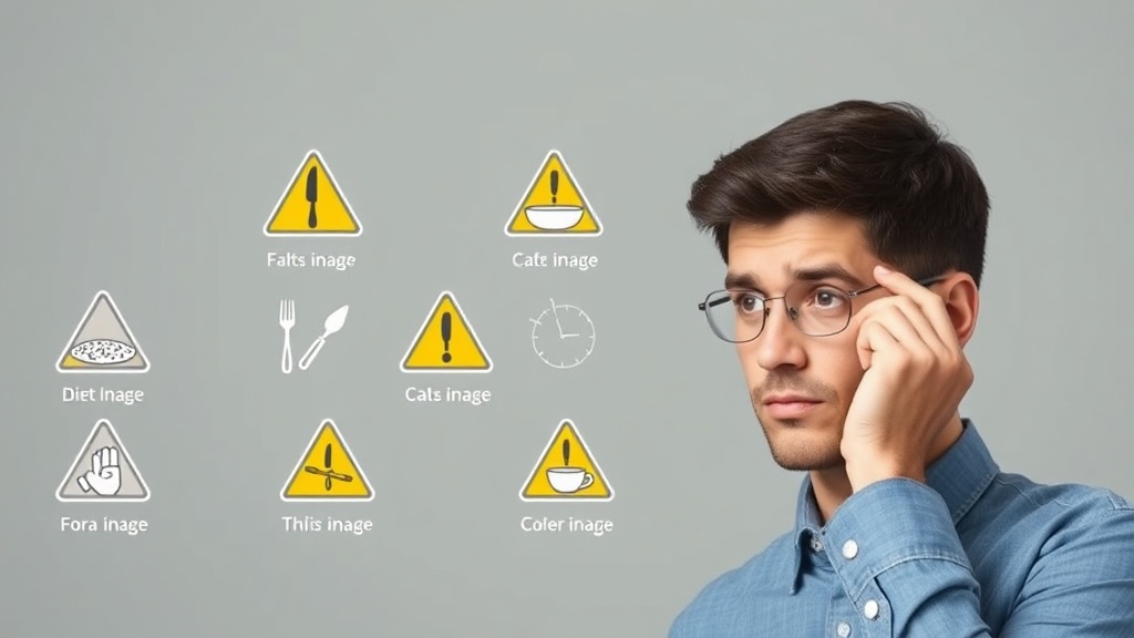 건강 경고 신호를 상징하는 아이콘과 주의 깊게 관찰하는 인물의 모습