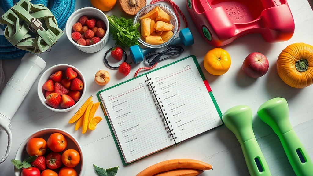 다양한 건강 식단과 운동 기구가 놓인 테이블 위에서 다이어리에 체중 감량 계획을 세우는 모습