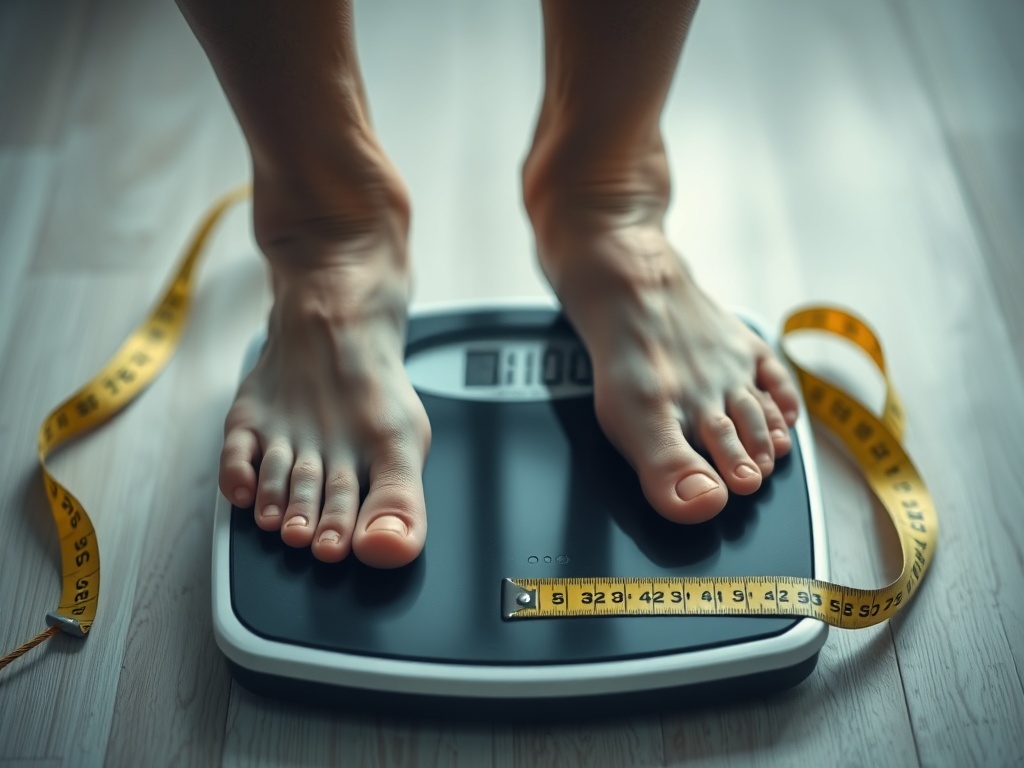 체중계 위에 서서 고민하는 사람의 발과 그 옆 바닥에 놓인 노란색 줄자
